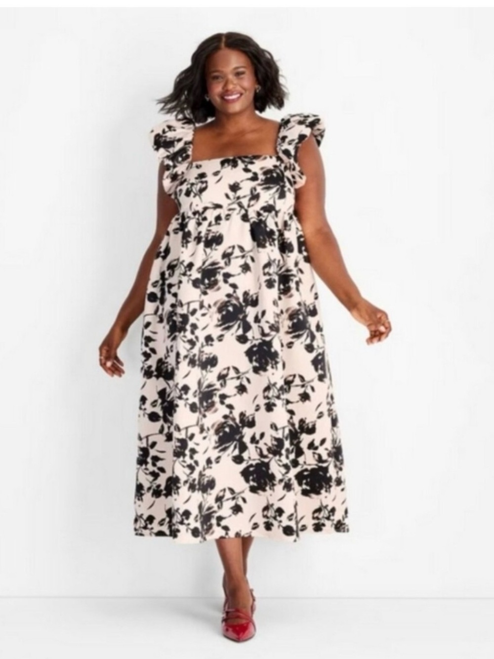 Square-Neck Floral Midi Dress in Blush and Black